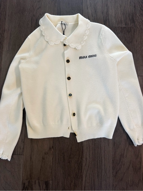 Miu Miu Sweaters - Miu Miu Cream Lace-Collar Button Cardigan - Long Sleeve